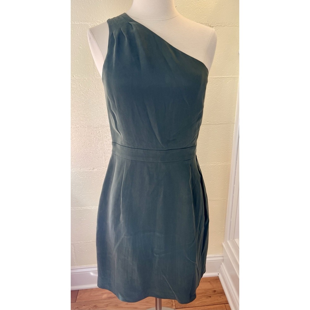 J Crew Olive Green One Shoulder Sheath‎ Dress Sz 4 100% Silk Cocktail Bridesmaid